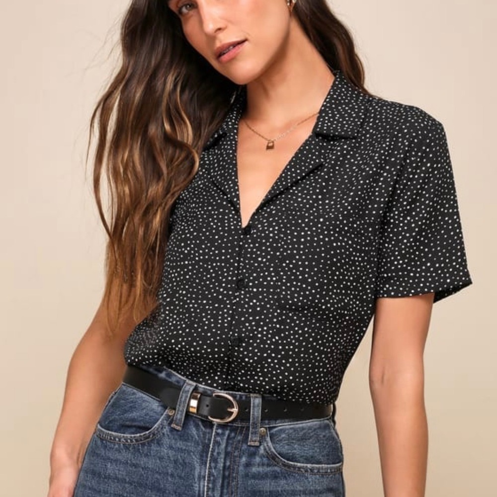 Lulus Good Luck Charm Black Polka Dot Short Sleeve Button-Up Top XS New